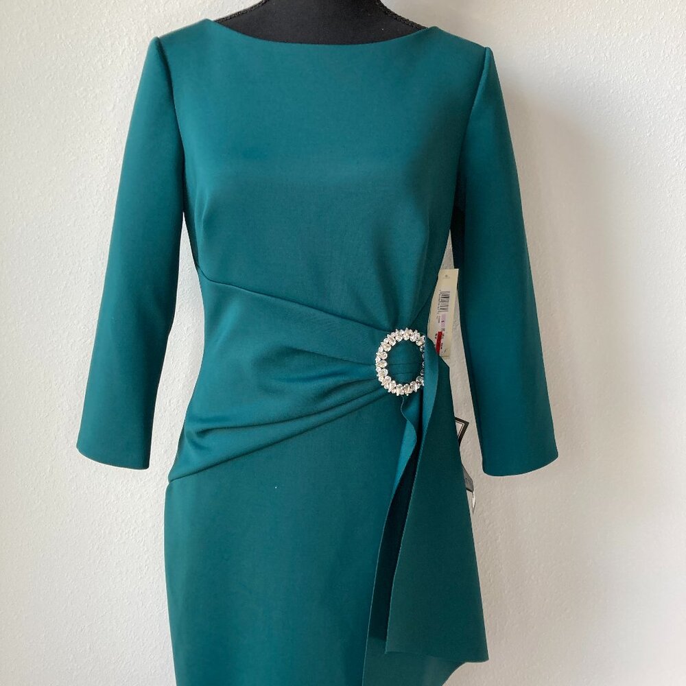 Eliza J Scuba Crepe Compression Sheath Dress with Embellished Brooch, Size 6